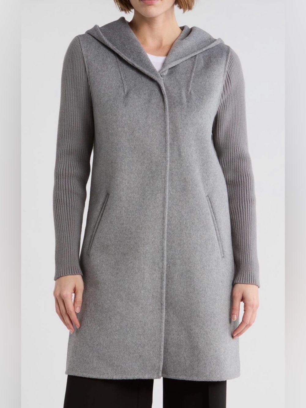 Kenneth Cole Wool Blend Grey Hooded Double Face Coat Snap closure L NWT
